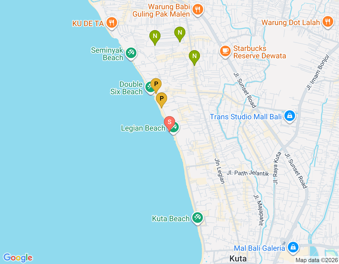 Mapa da localização de Legian Beach
